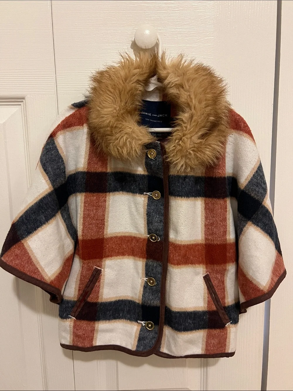 Janie and Jack Plaid Cape with Faux-Fur Trim in Rust, Navy & White